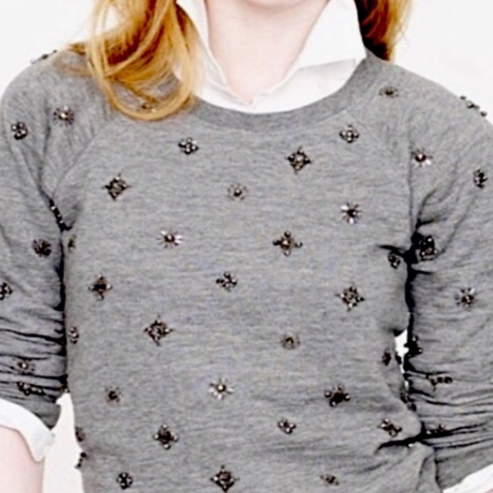 JCrew Gray Sequin and Beaded Crew Neck Sweatshirt